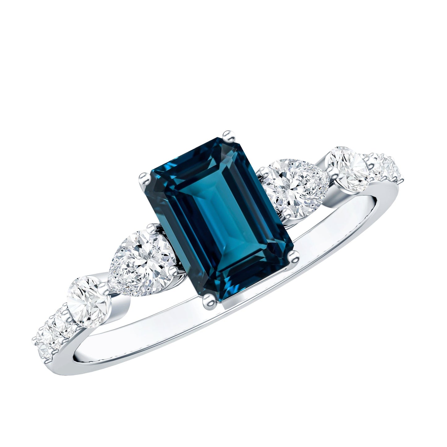 Genuine 2.2 Carat Emerald Cut London Blue Topaz Engagement Ring with Diamond
