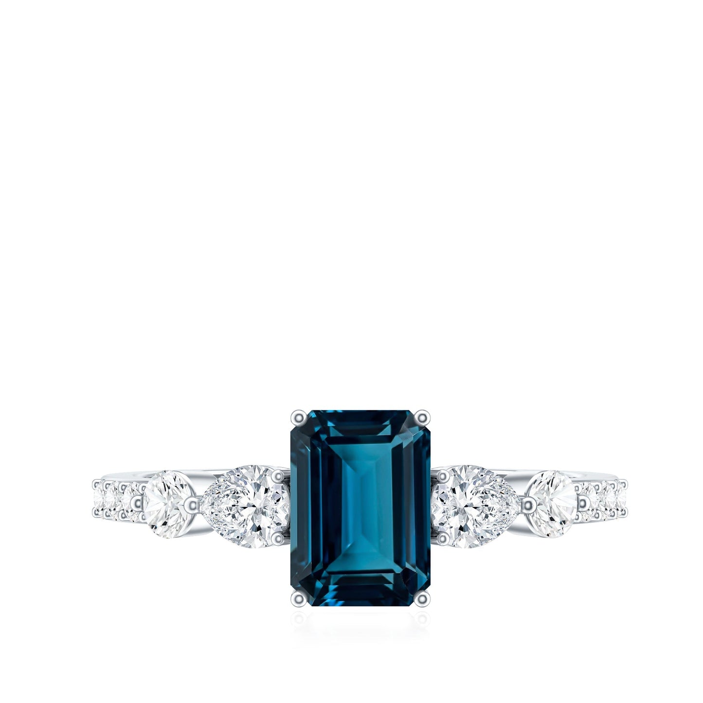 Genuine 2.2 Carat Emerald Cut London Blue Topaz Engagement Ring with Diamond