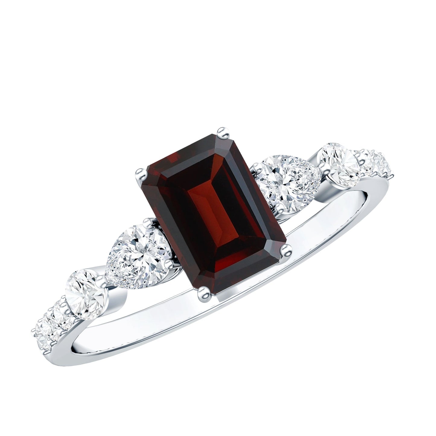 Genuine Garnet Emerald Cut Engagement Ring with Diamond Side Stones