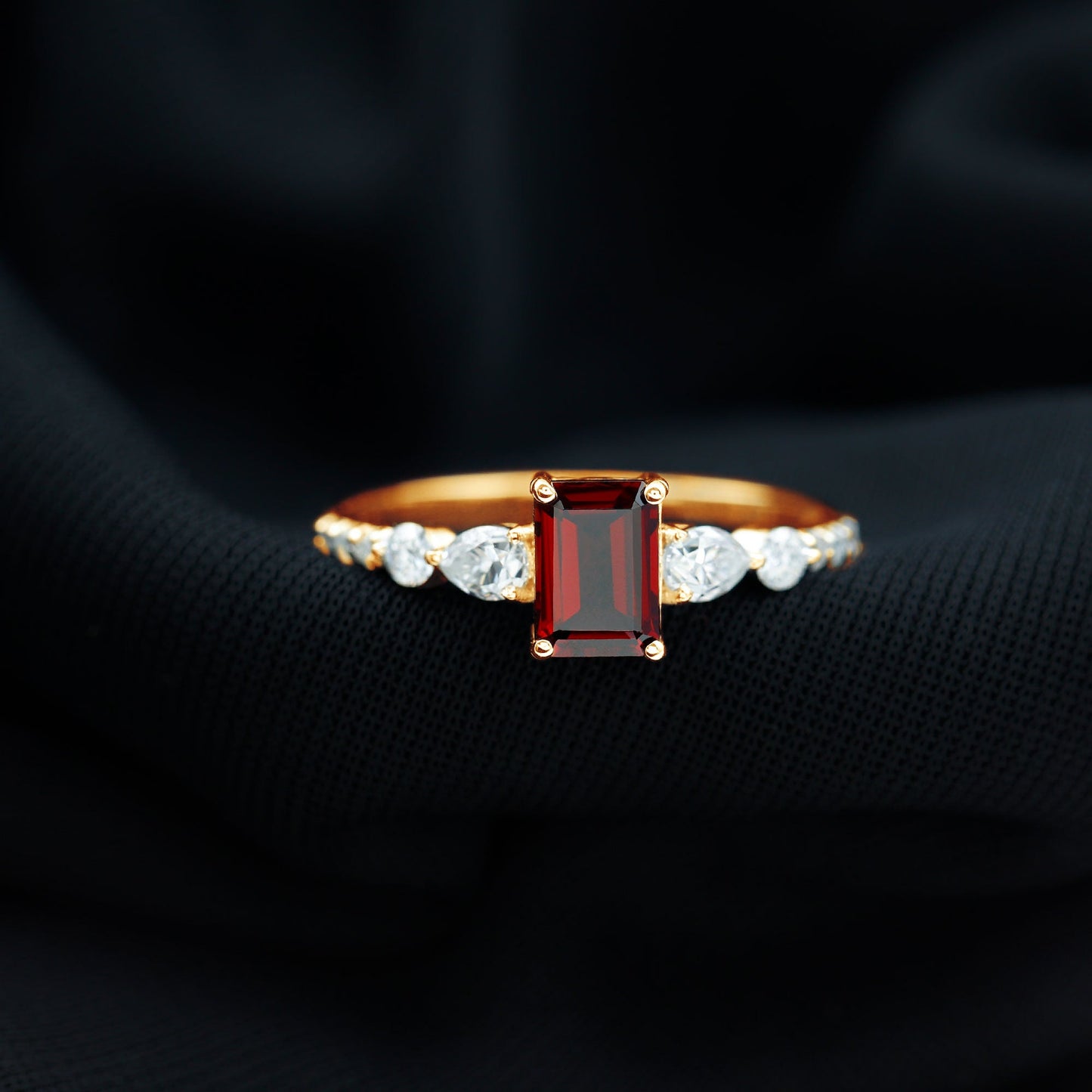 Genuine Garnet Emerald Cut Engagement Ring with Diamond Side Stones