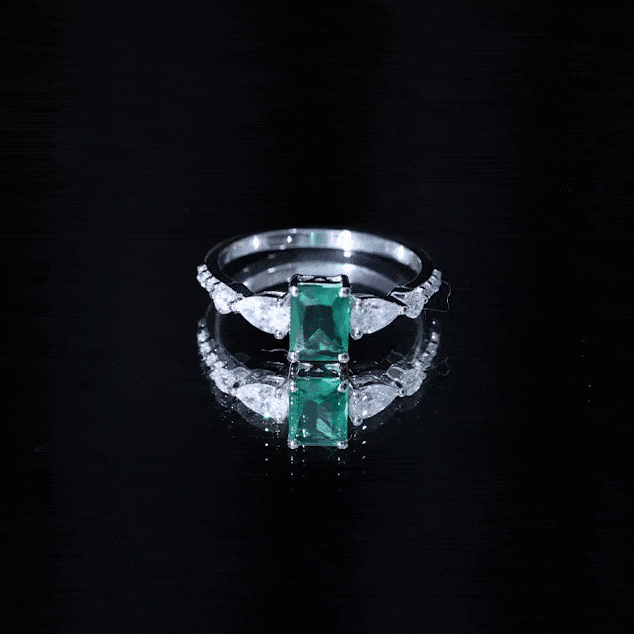 Certified Lab Grown Emerald Cut Emerald Engagement Ring with Side Stones
