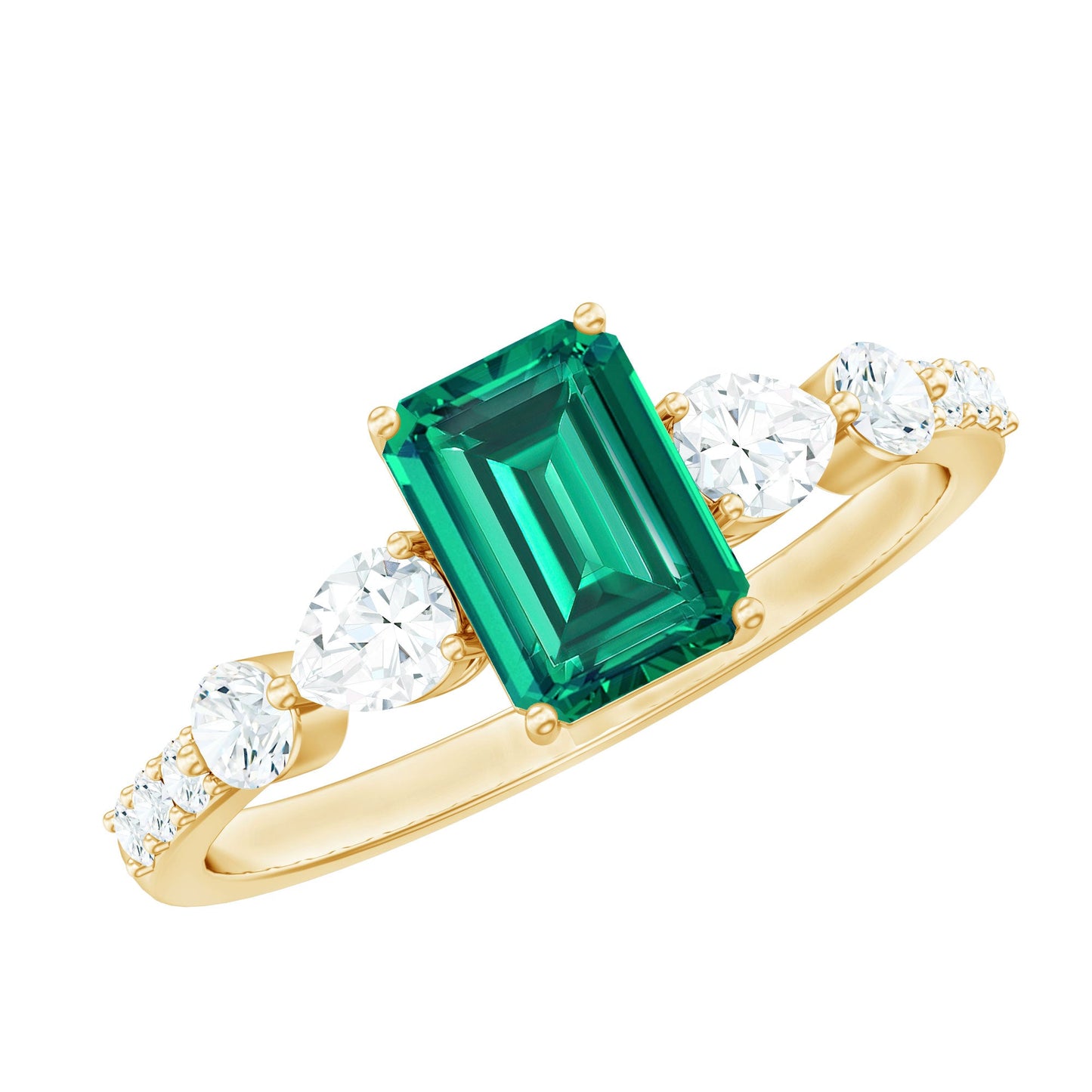 Certified Lab Grown Emerald Cut Emerald Engagement Ring with Side Stones