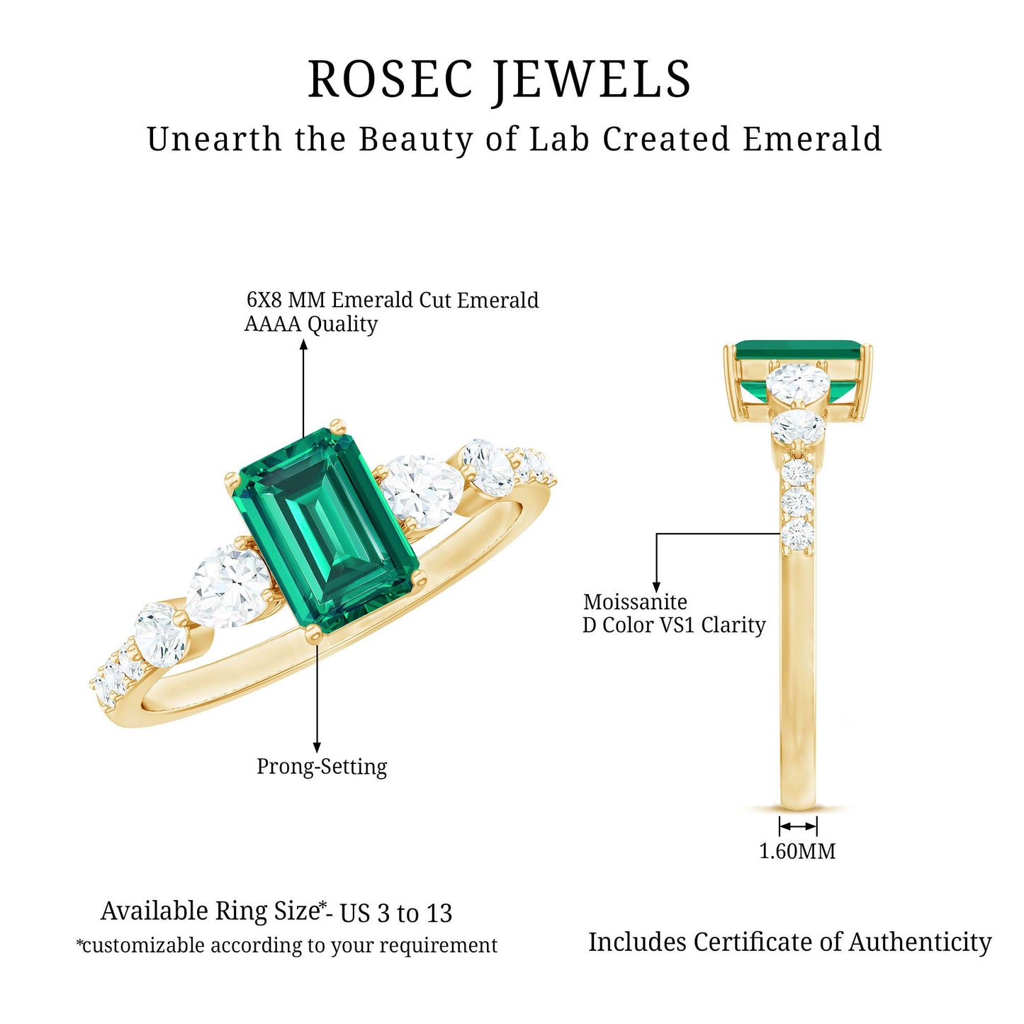 Certified Lab Grown Emerald Cut Emerald Engagement Ring with Side Stones