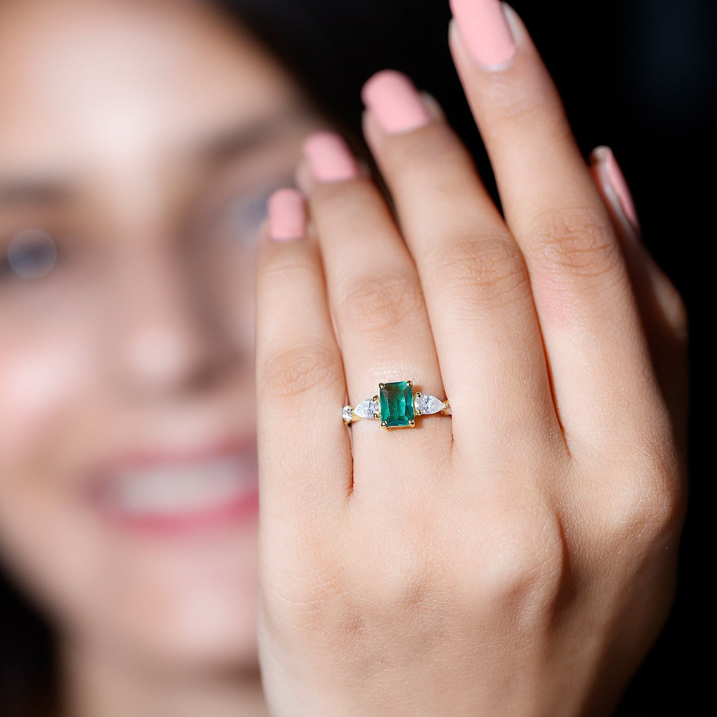 Certified Lab Grown Emerald Cut Emerald Engagement Ring with Side Stones