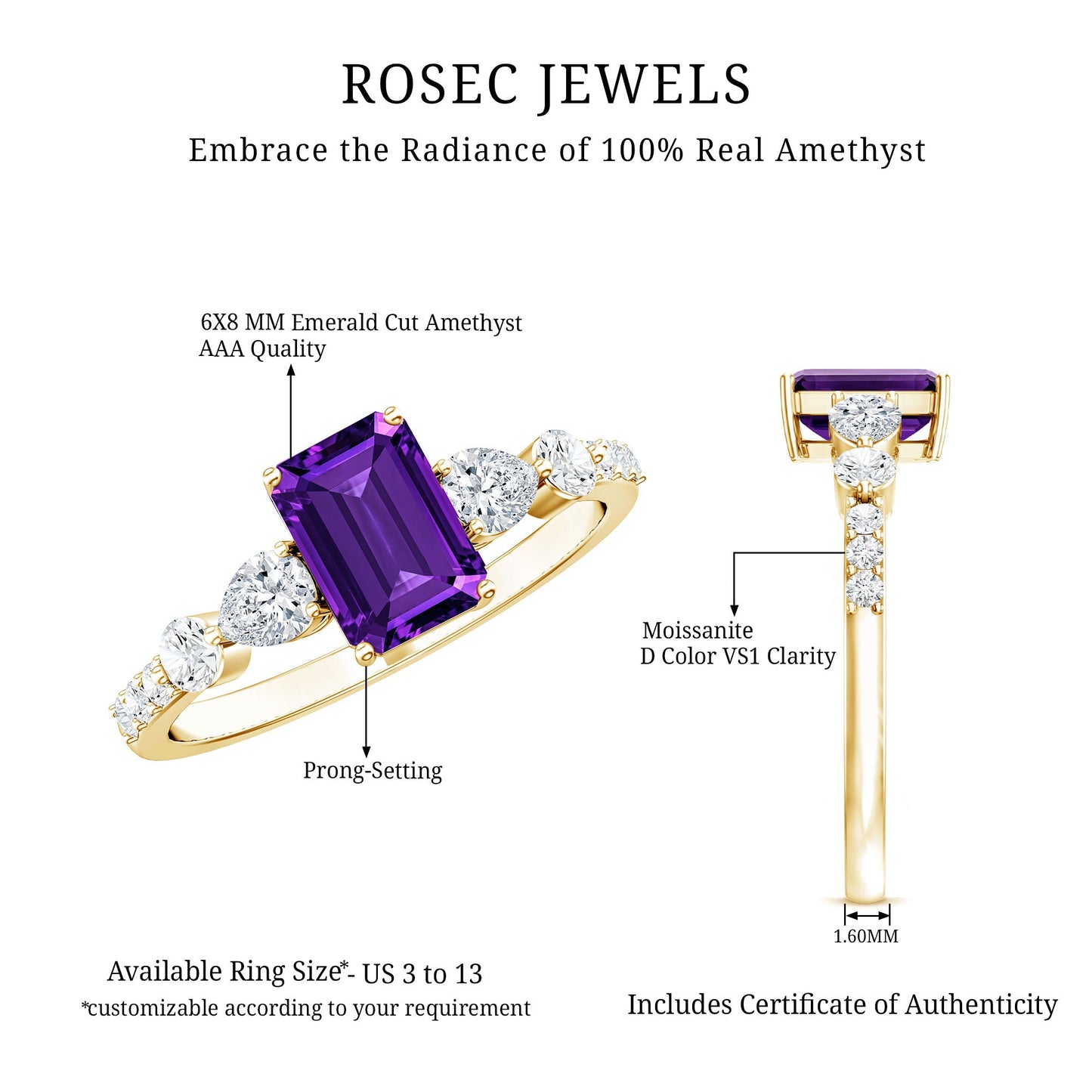 Real 1.4 Carat Emerald Cut Amethyst Engagement Ring with Moissanite