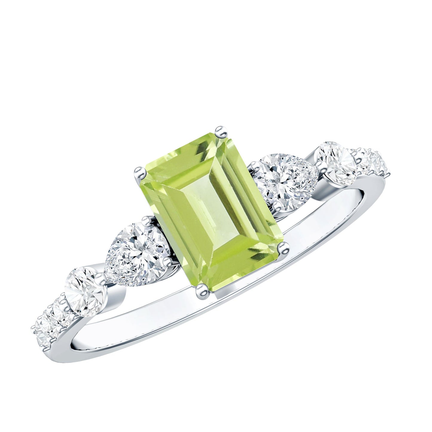 Natural 1.8 Carat Peridot Emerald Cut Engagement Ring with Side Stones