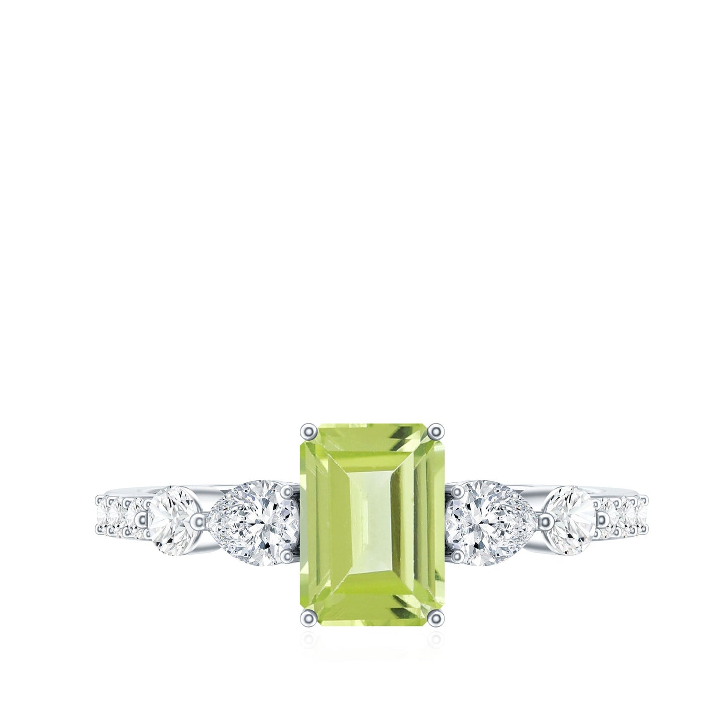 Natural 1.8 Carat Peridot Emerald Cut Engagement Ring with Side Stones