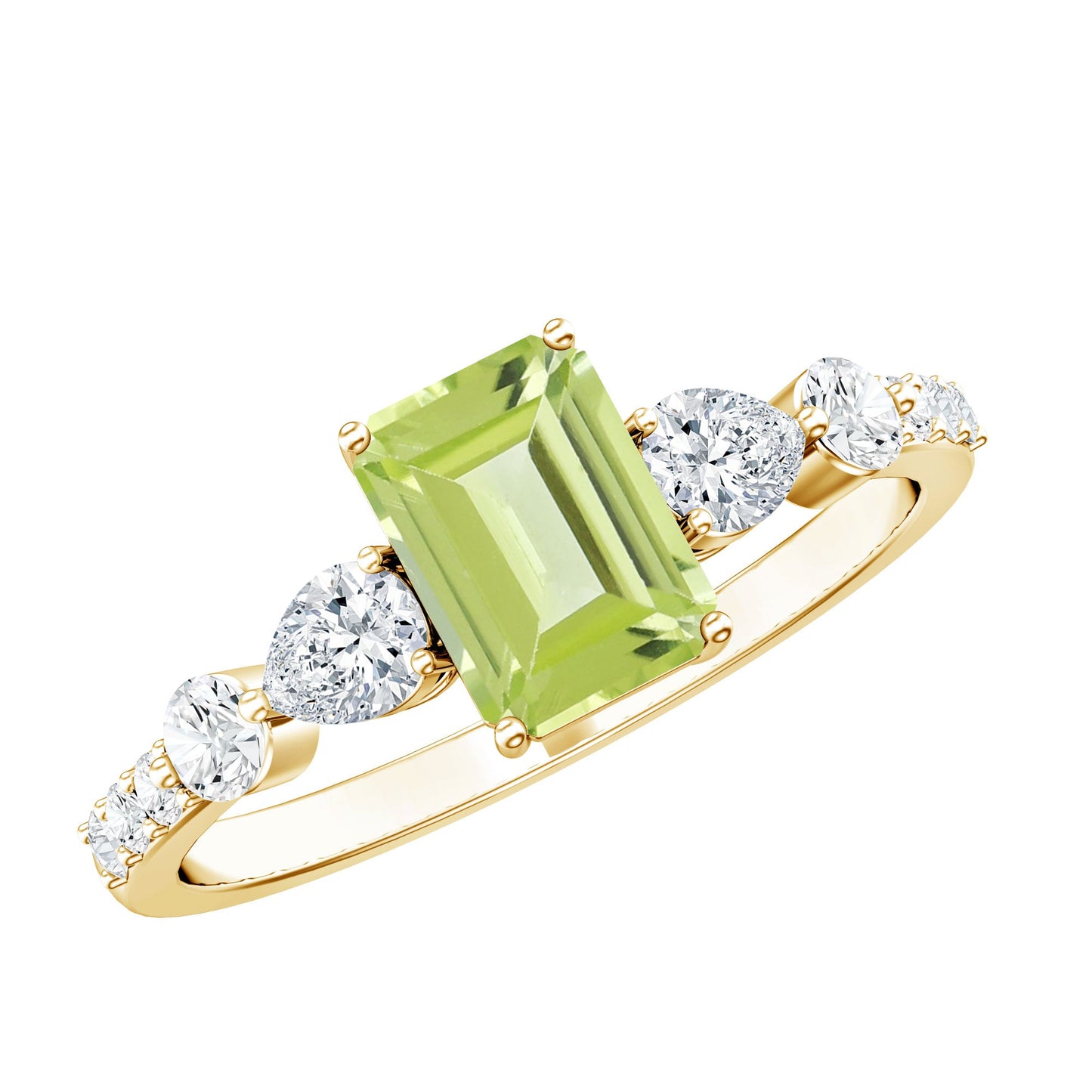 Natural 1.8 Carat Peridot Emerald Cut Engagement Ring with Side Stones