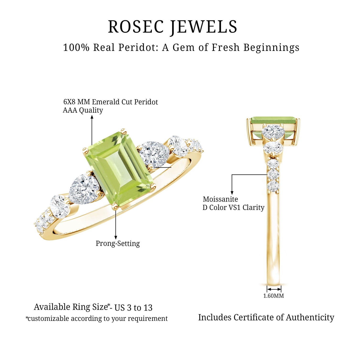 Natural 1.8 Carat Peridot Emerald Cut Engagement Ring with Side Stones