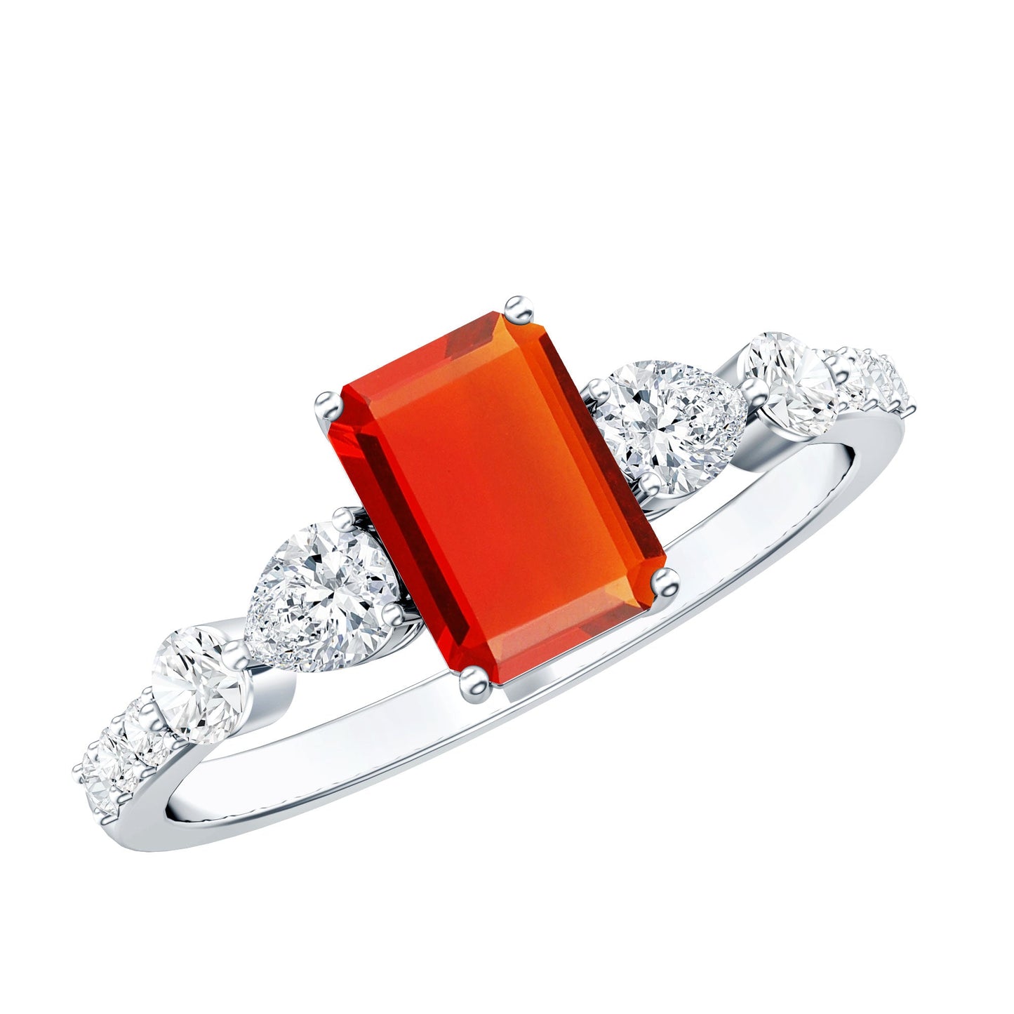 1 Carat Fire Opal Emerald Cut Engagement Ring with Diamond Side Stones