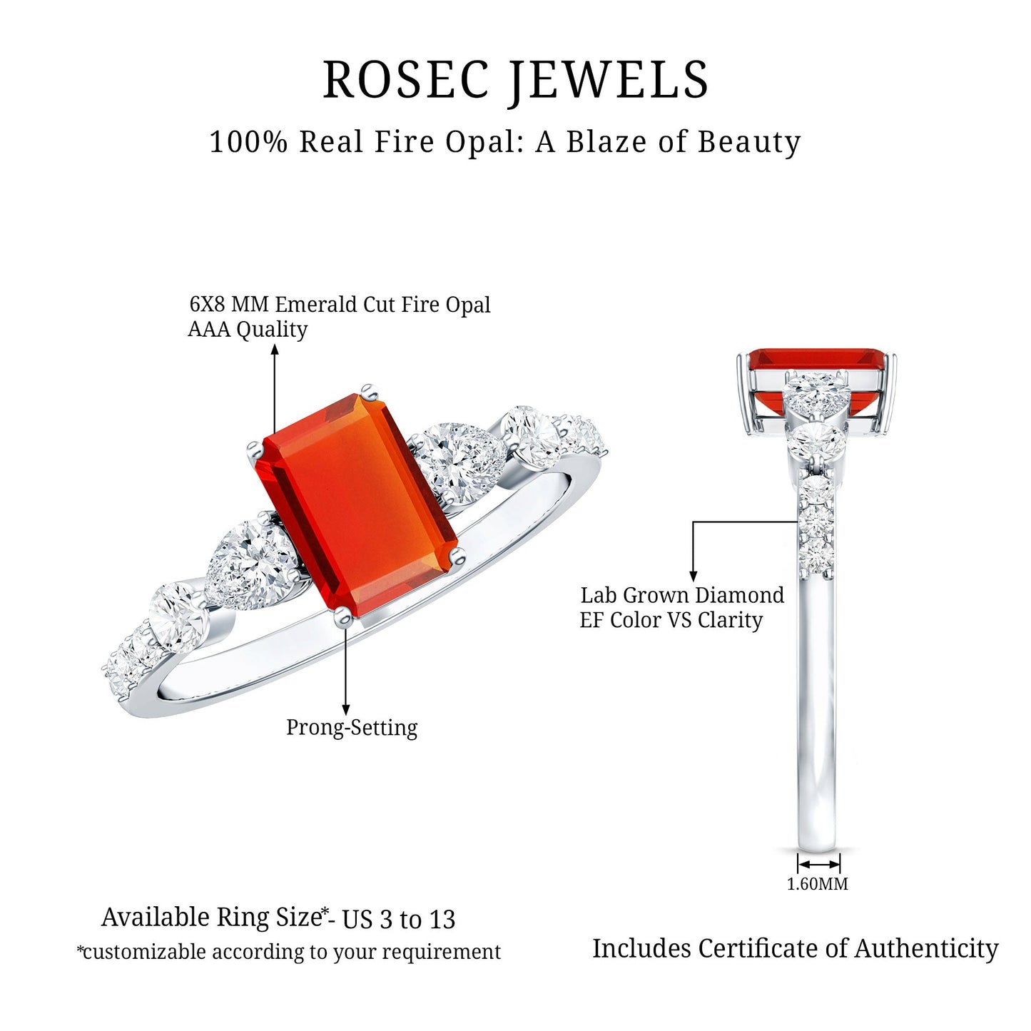 1 Carat Fire Opal Emerald Cut Engagement Ring with Diamond Side Stones