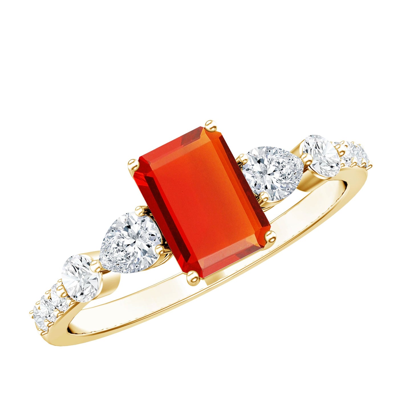 1 Carat Fire Opal Emerald Cut Engagement Ring with Diamond Side Stones