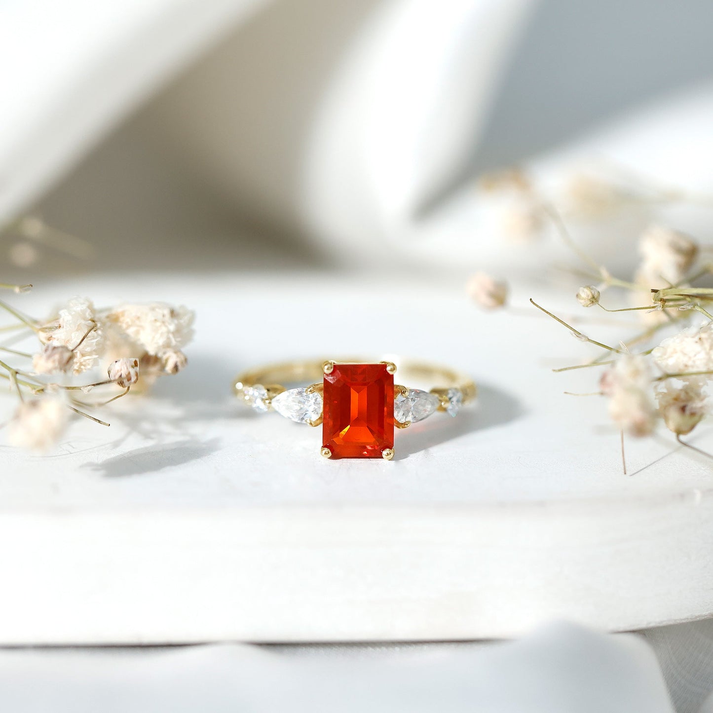 1 Carat Fire Opal Emerald Cut Engagement Ring with Diamond Side Stones