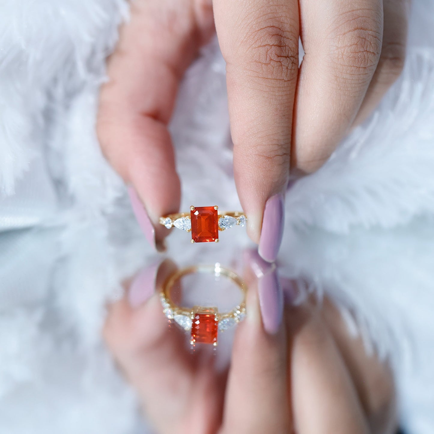 1 Carat Fire Opal Emerald Cut Engagement Ring with Diamond Side Stones