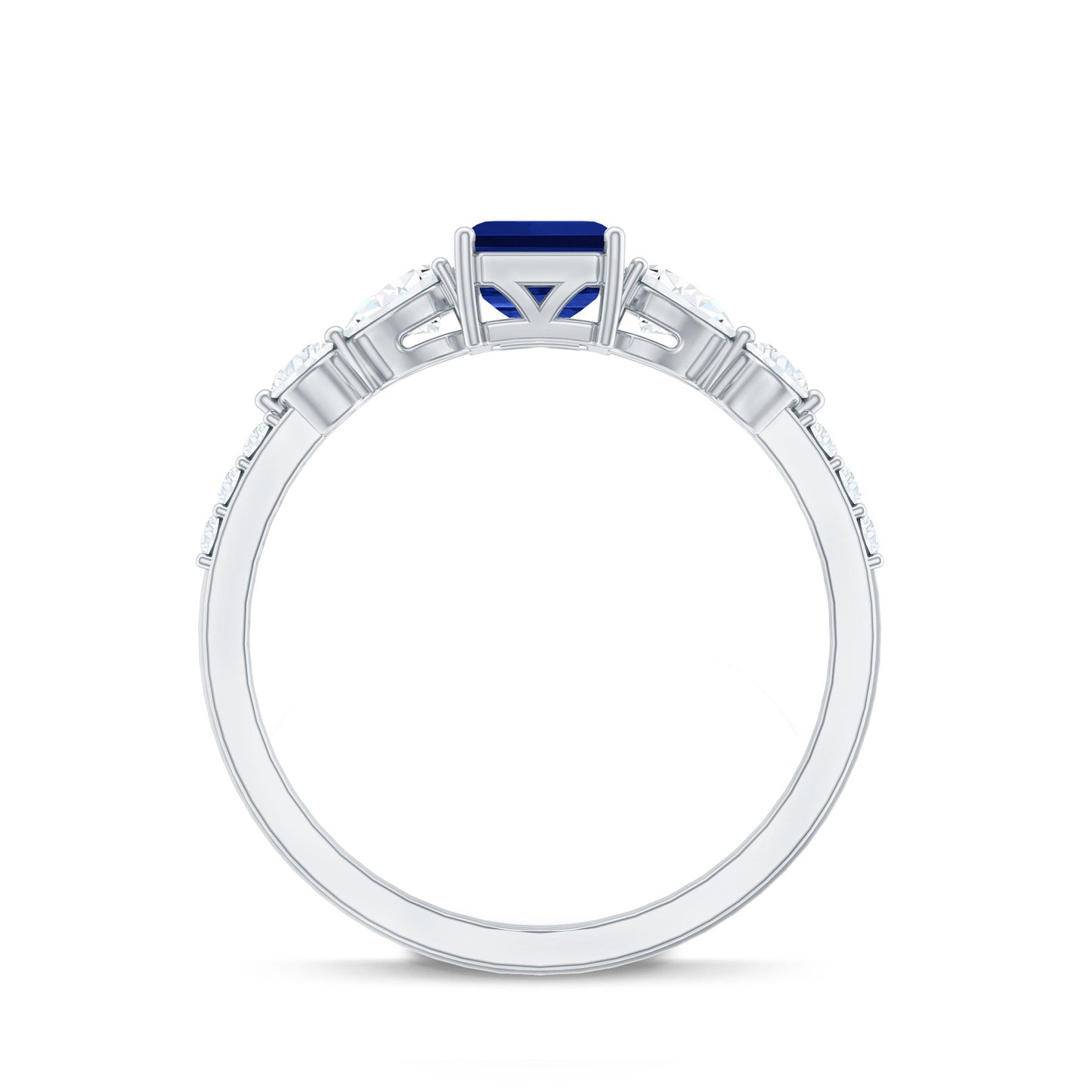 Certified 1.75 Carat Lab Grown Blue Sapphire Emerald Cut Engagement Ring with Diamond Side Stones