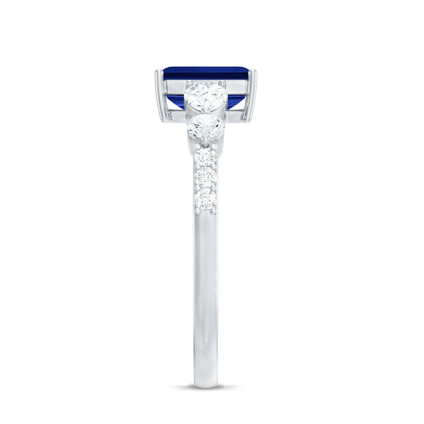 Certified 1.75 Carat Lab Grown Blue Sapphire Emerald Cut Engagement Ring with Diamond Side Stones