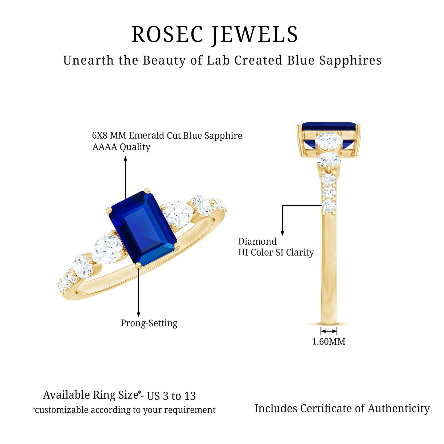Certified 1.75 Carat Lab Grown Blue Sapphire Emerald Cut Engagement Ring with Diamond Side Stones