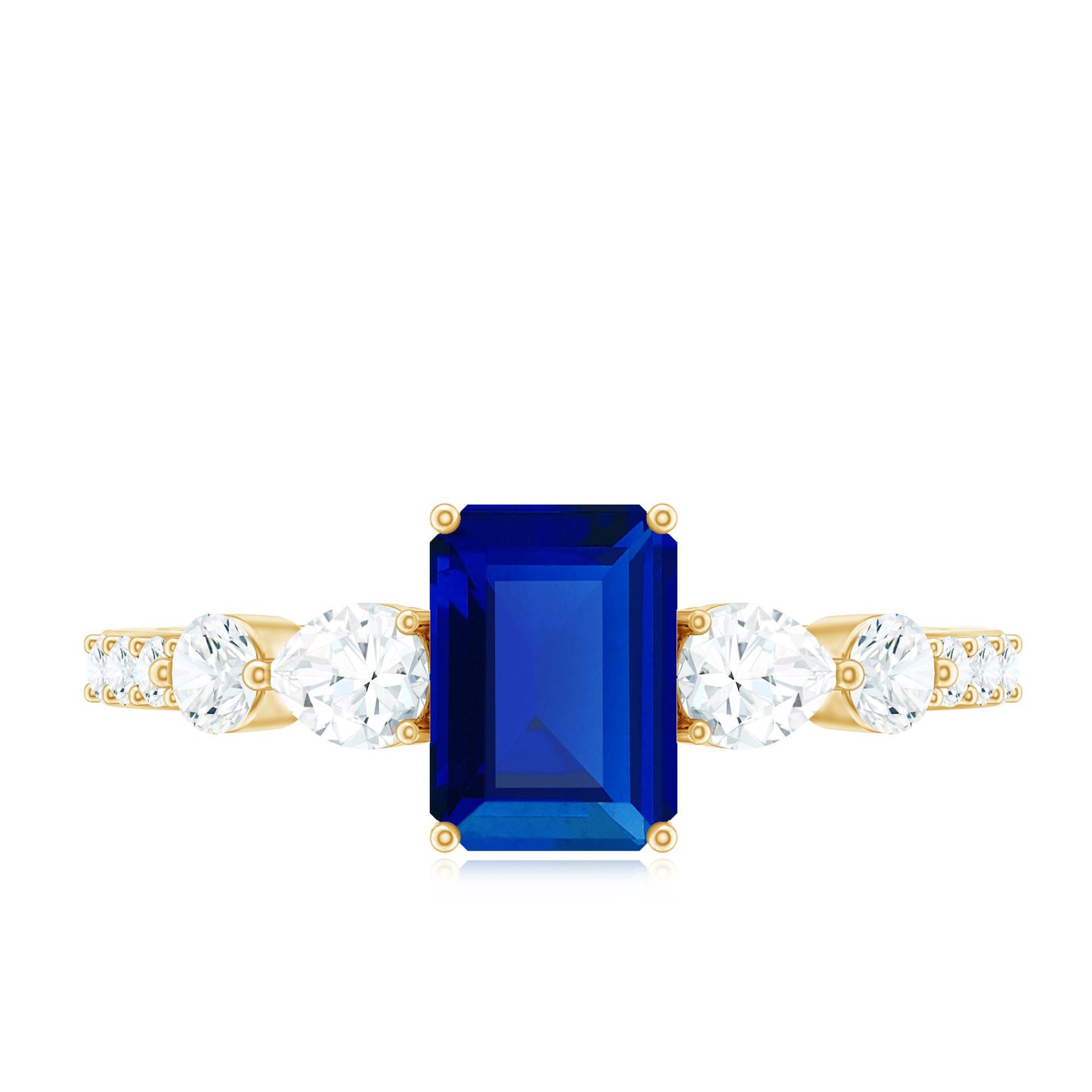 Certified 1.75 Carat Lab Grown Blue Sapphire Emerald Cut Engagement Ring with Diamond Side Stones