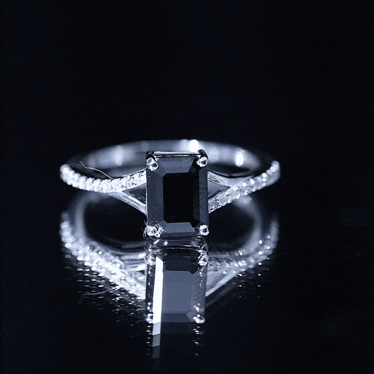 Certified 1.6 Carat Lab Grown Black Diamond Emerald Cut Engagement Ring with White Diamond Split Shank