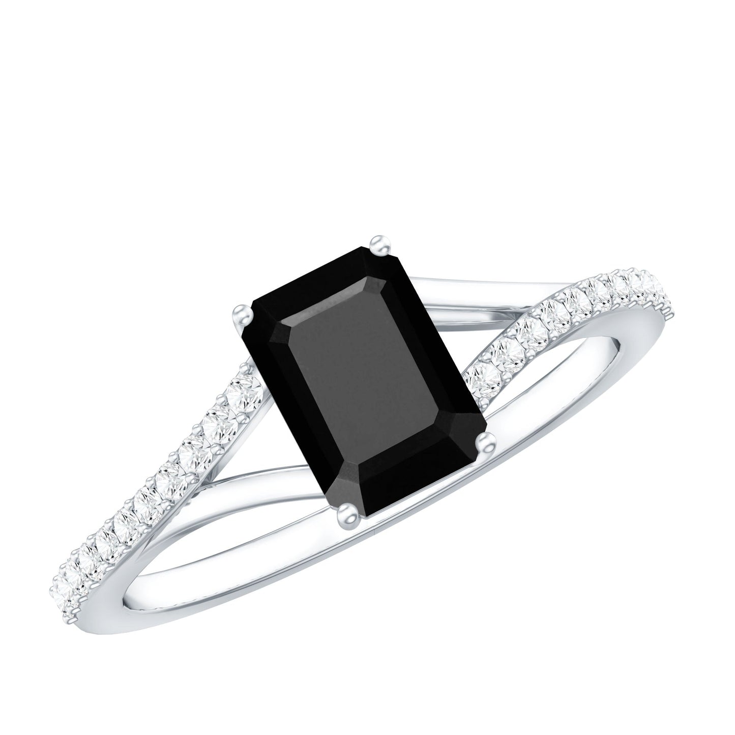 Certified 1.6 Carat Lab Grown Black Diamond Emerald Cut Engagement Ring with White Diamond Split Shank