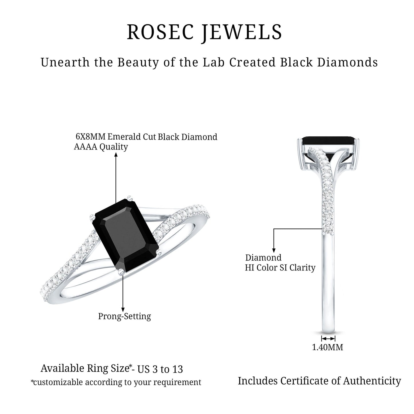 Certified 1.6 Carat Lab Grown Black Diamond Emerald Cut Engagement Ring with White Diamond Split Shank