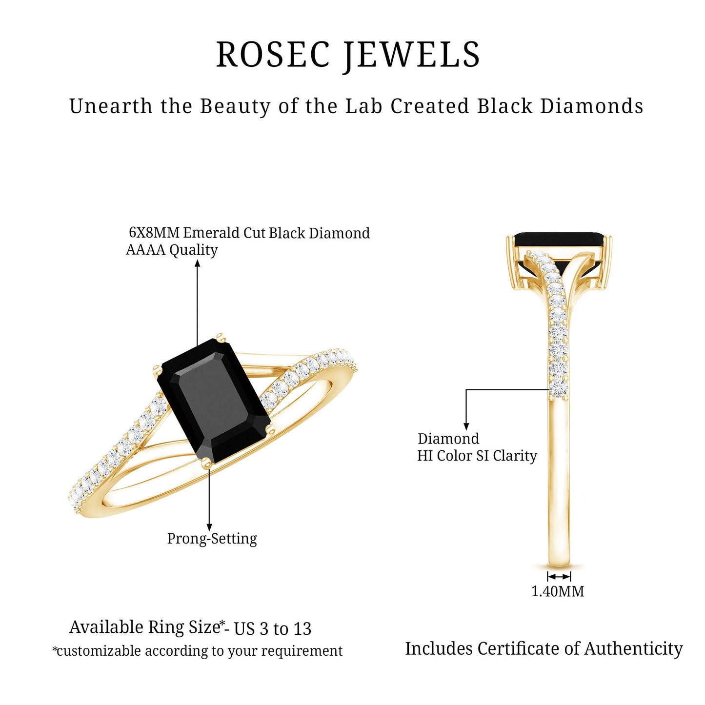 Certified 1.6 Carat Lab Grown Black Diamond Emerald Cut Engagement Ring with White Diamond Split Shank
