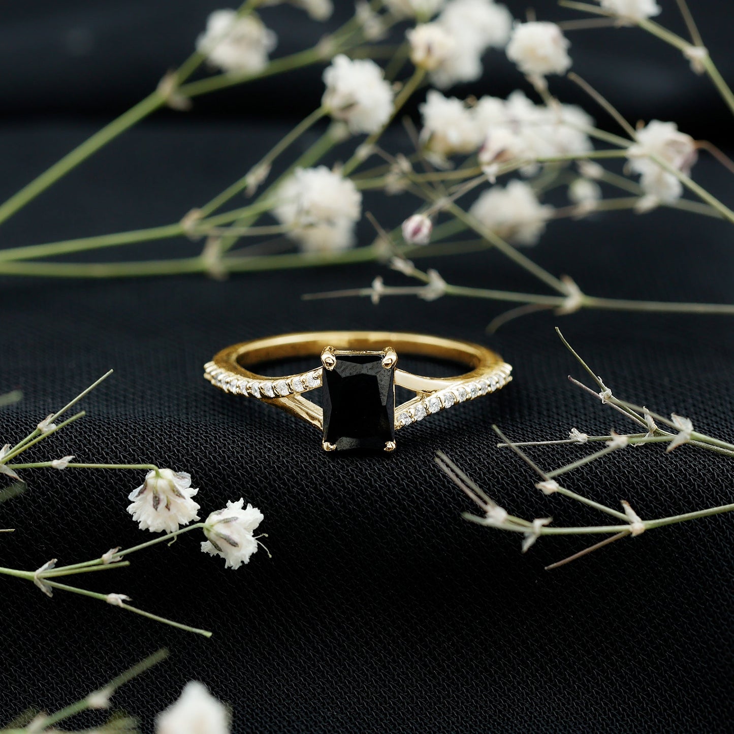 Certified 1.6 Carat Lab Grown Black Diamond Emerald Cut Engagement Ring with White Diamond Split Shank