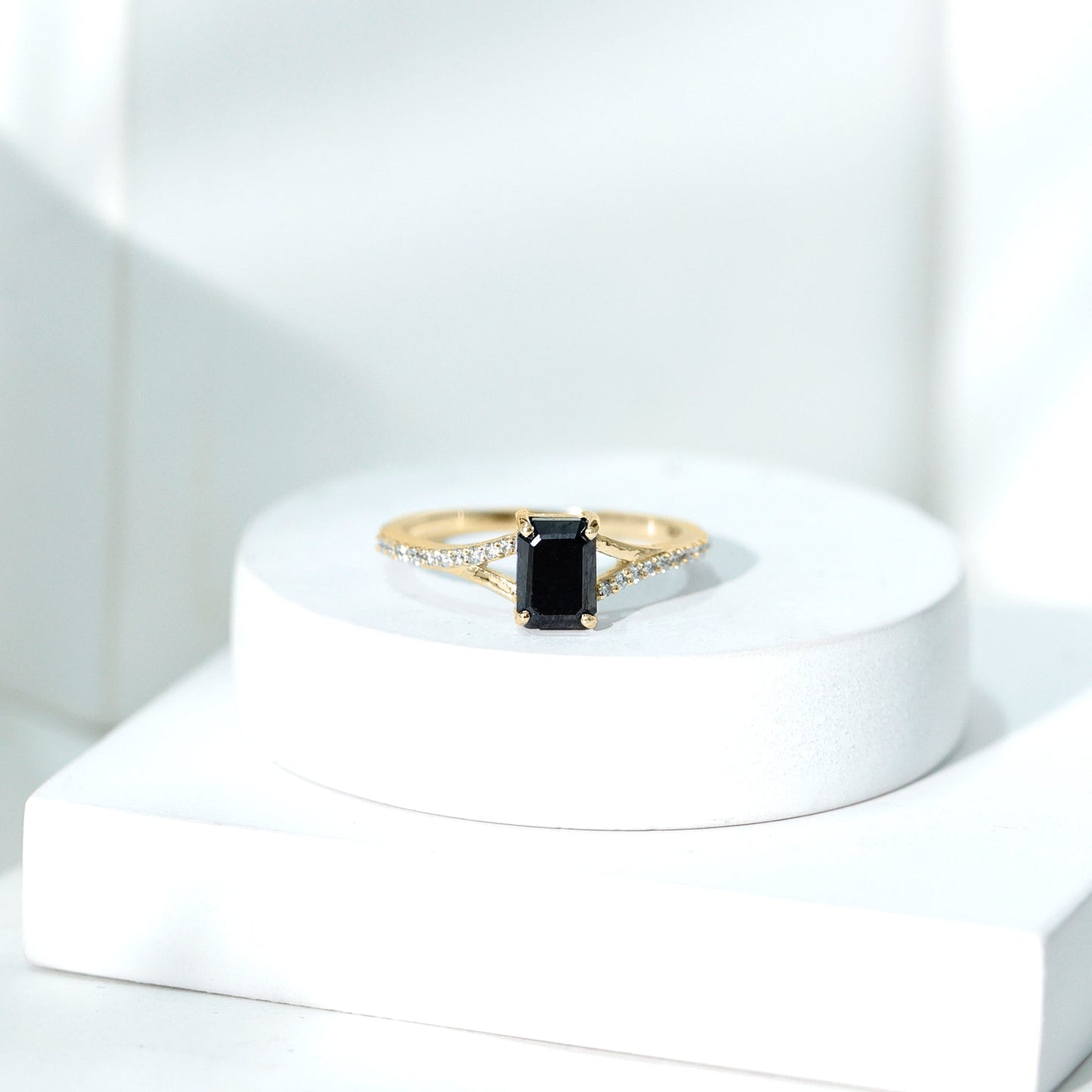Certified 1.6 Carat Lab Grown Black Diamond Emerald Cut Engagement Ring with White Diamond Split Shank