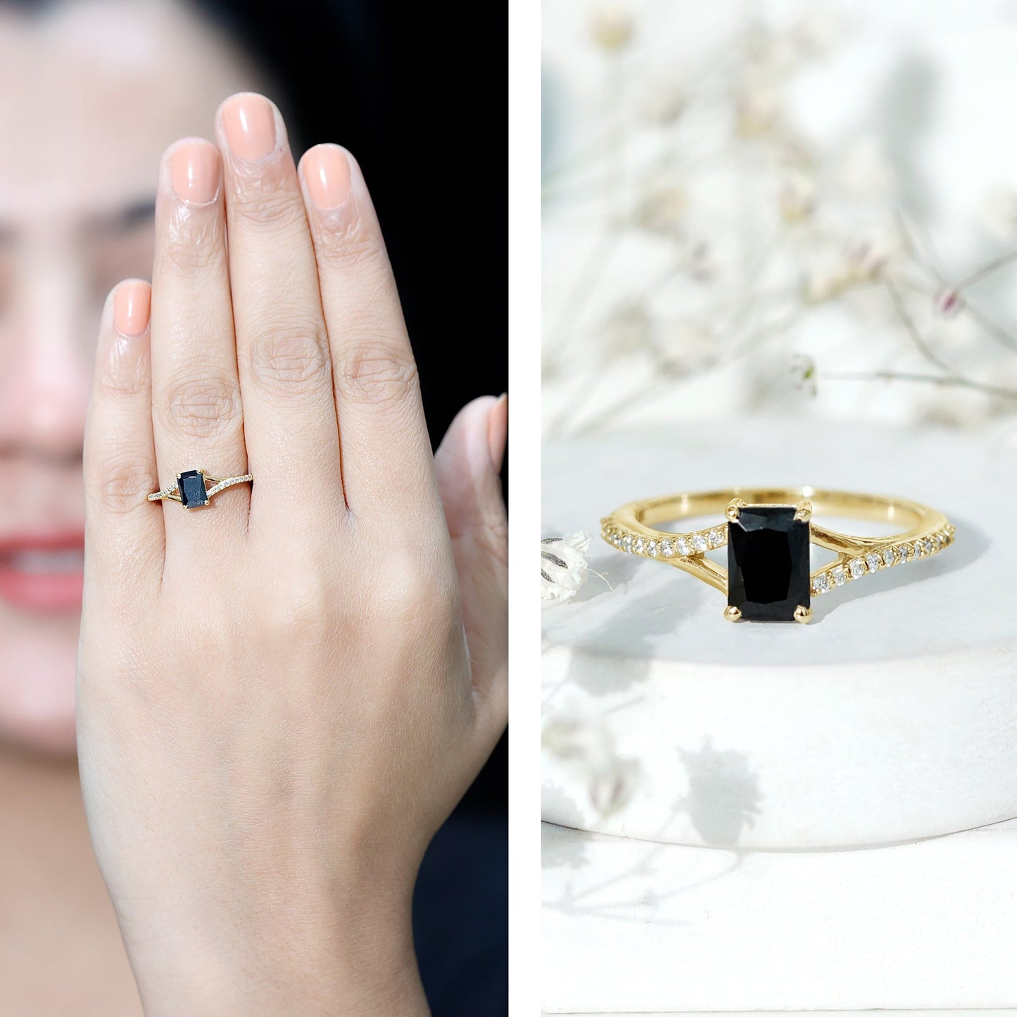 Certified 1.6 Carat Lab Grown Black Diamond Emerald Cut Engagement Ring with White Diamond Split Shank