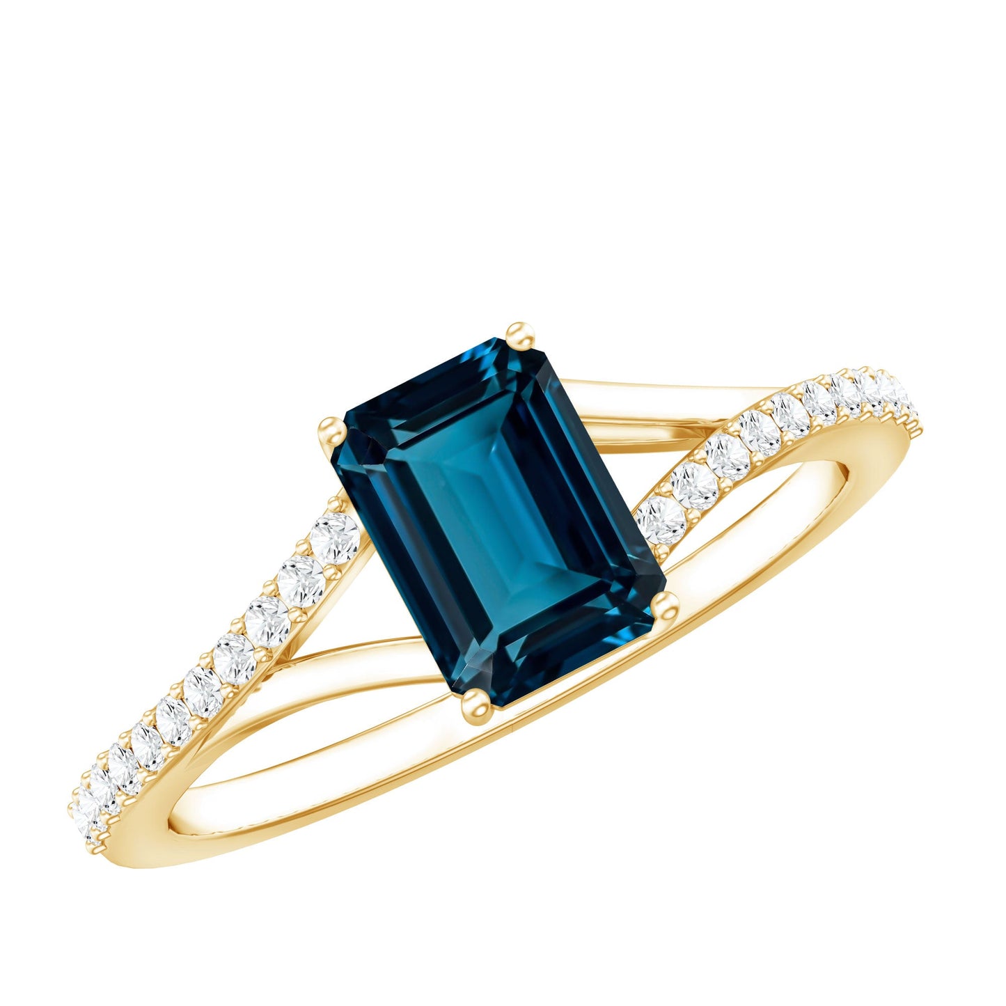 2.2 Carat Emerald Cut London Blue Topaz Split Shank Engagement Ring with Diamond