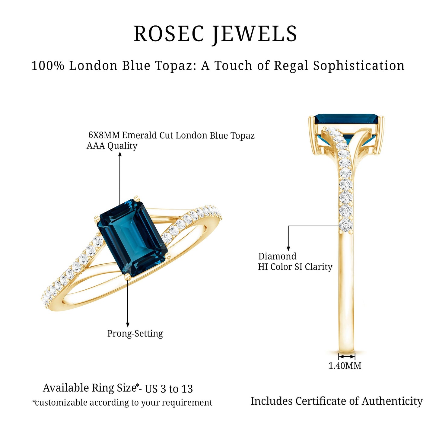 2.2 Carat Emerald Cut London Blue Topaz Split Shank Engagement Ring with Diamond