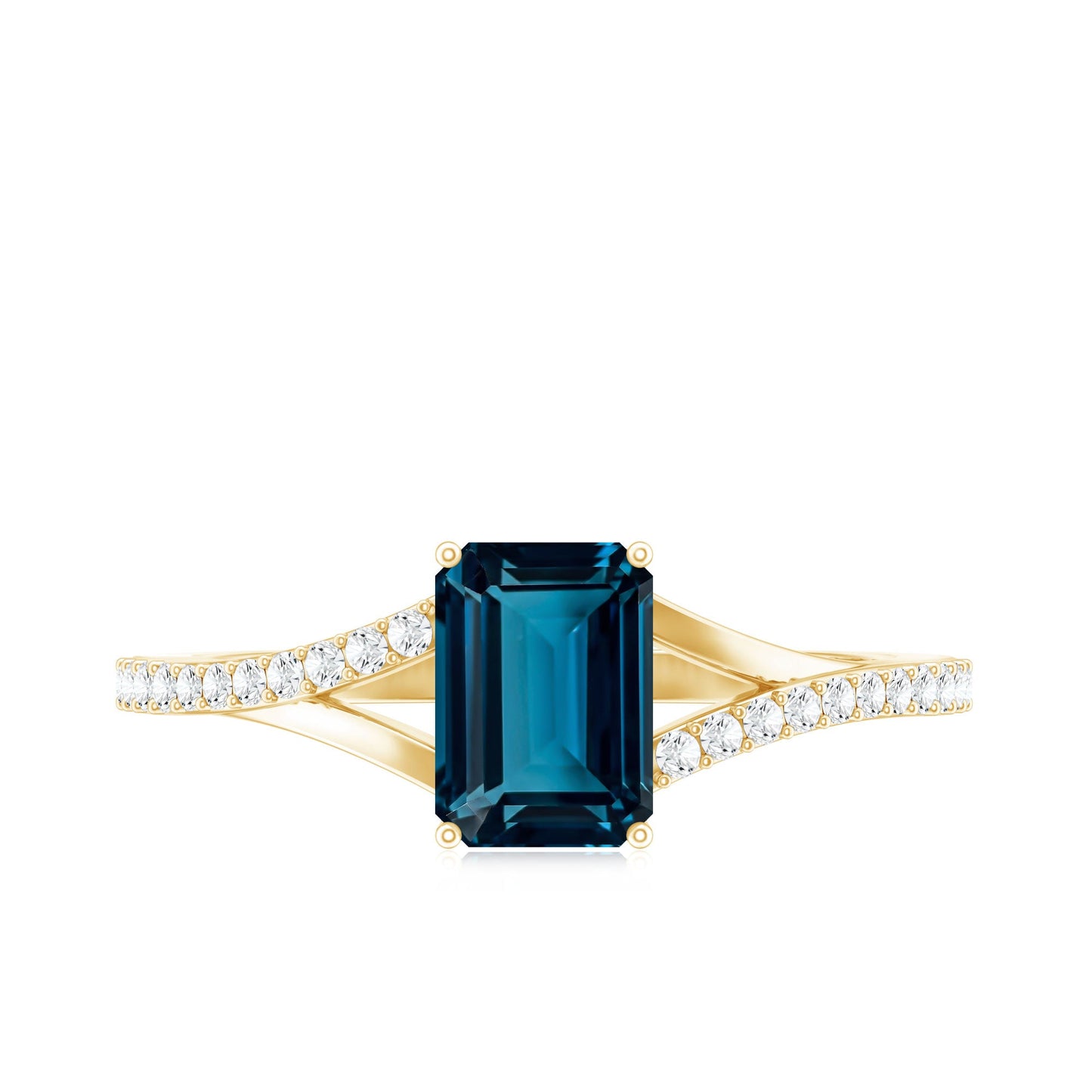 2.2 Carat Emerald Cut London Blue Topaz Split Shank Engagement Ring with Diamond