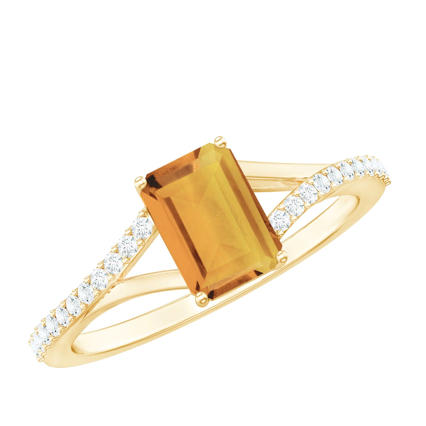 Real Citrine Emerald Cut Engagement Ring with Diamond Split Shank