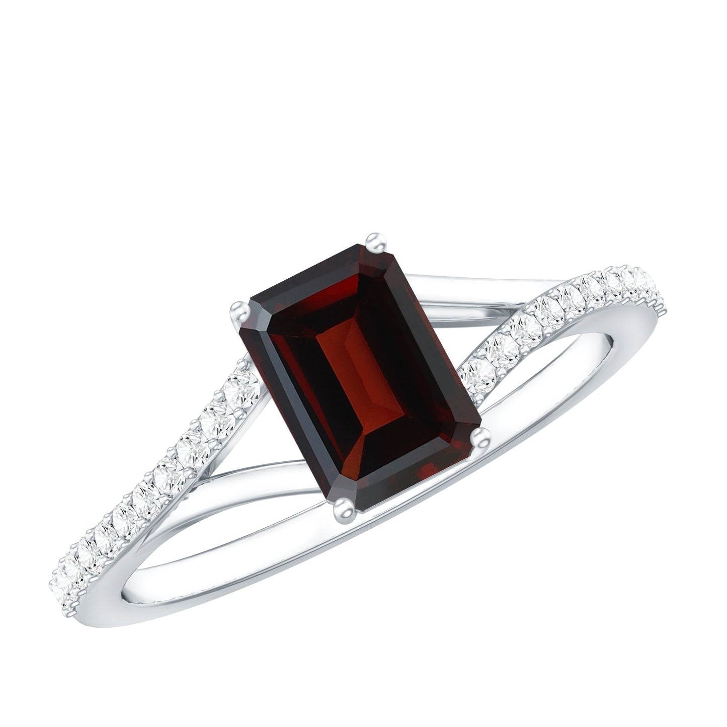 Certified Natural Garnet Emerald Cut Engagement Ring with Diamond Split Shank