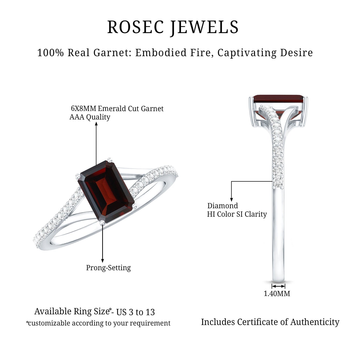 Certified Natural Garnet Emerald Cut Engagement Ring with Diamond Split Shank