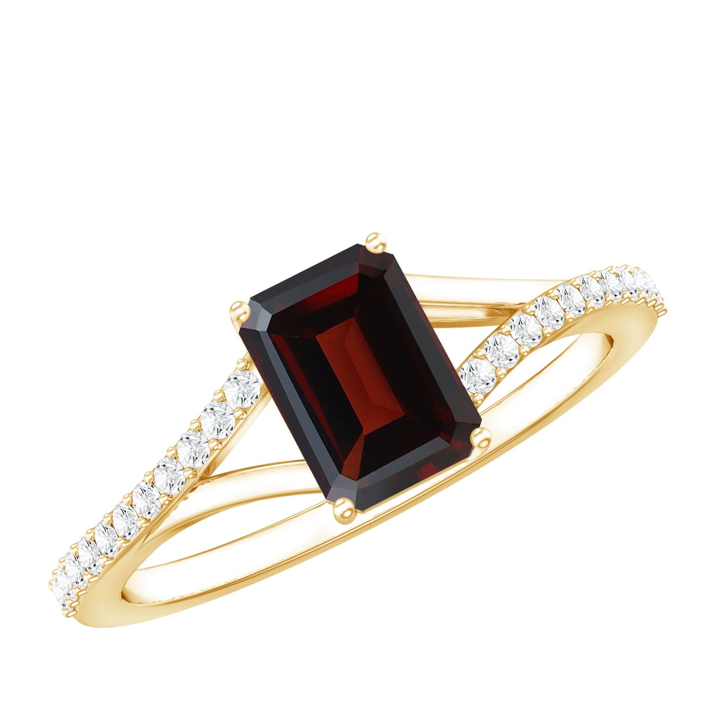 Certified Natural Garnet Emerald Cut Engagement Ring with Diamond Split Shank