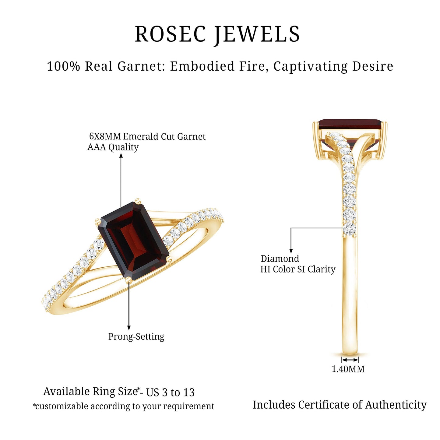 Certified Natural Garnet Emerald Cut Engagement Ring with Diamond Split Shank