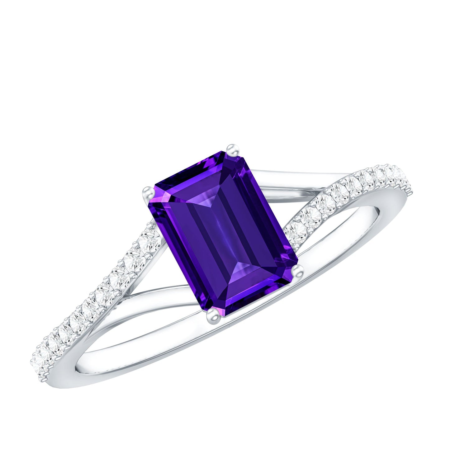 1.4 Carat Amethyst Emerald Cut Engagement Ring with Diamond Split Shank