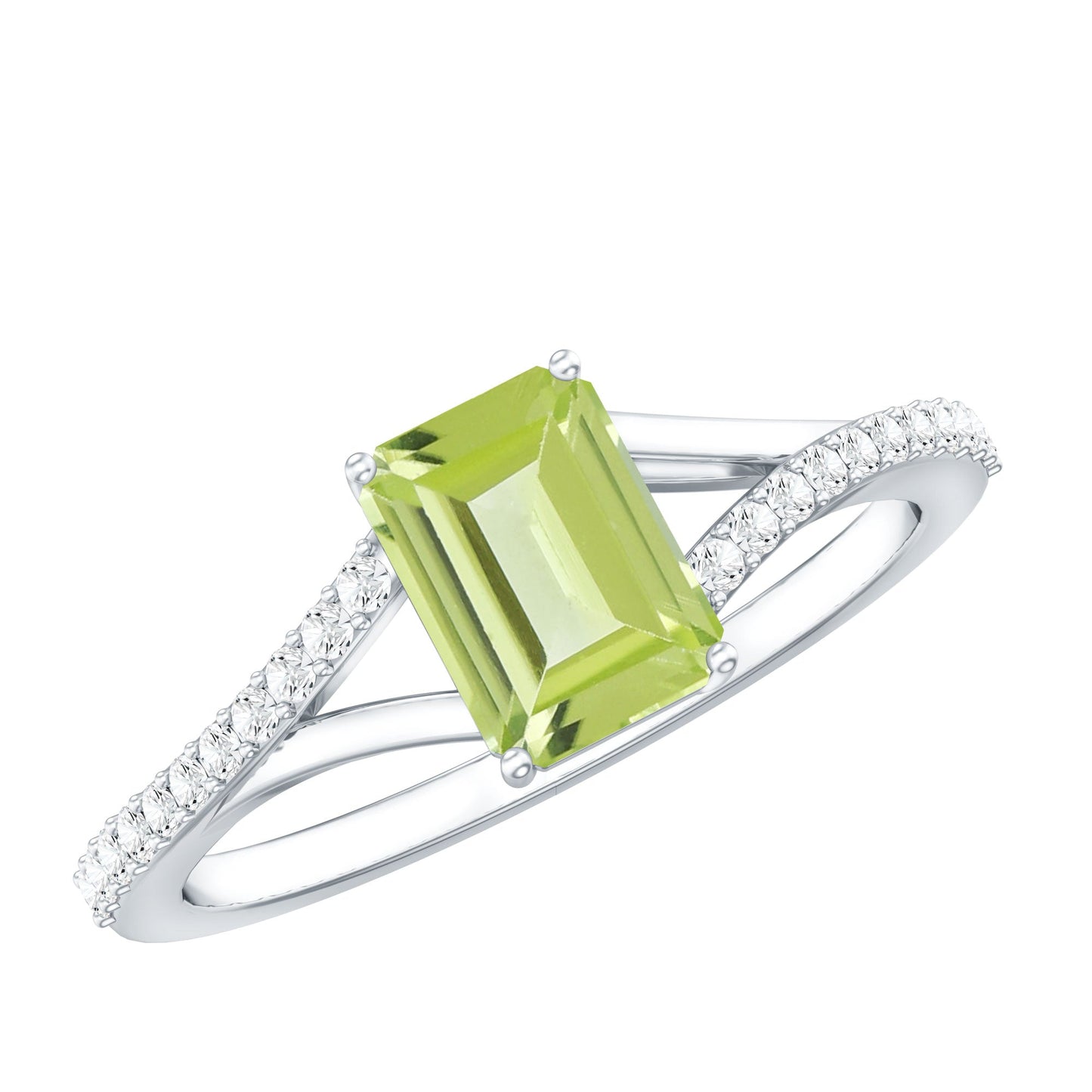 1.8 Carat Peridot Emerald Cut Engagement Ring with Diamond Split Shank
