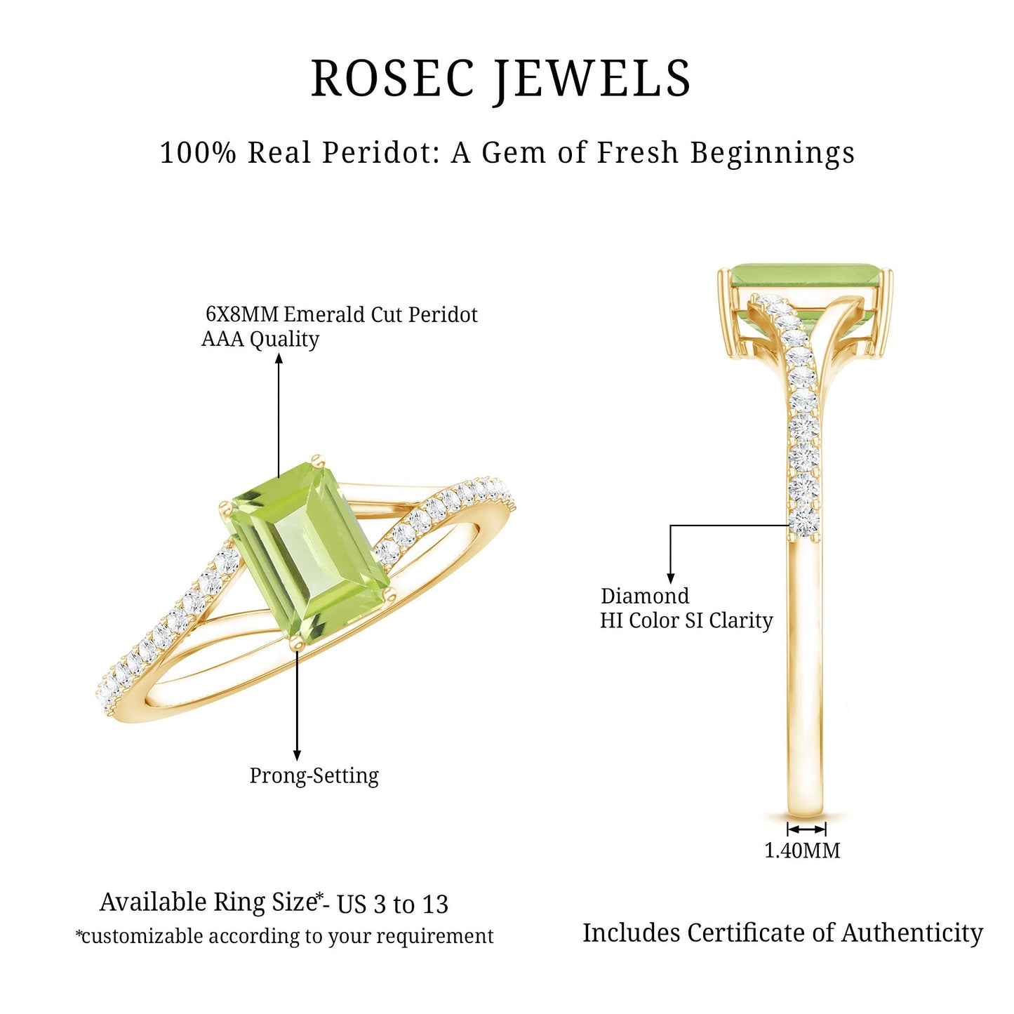 1.8 Carat Peridot Emerald Cut Engagement Ring with Diamond Split Shank