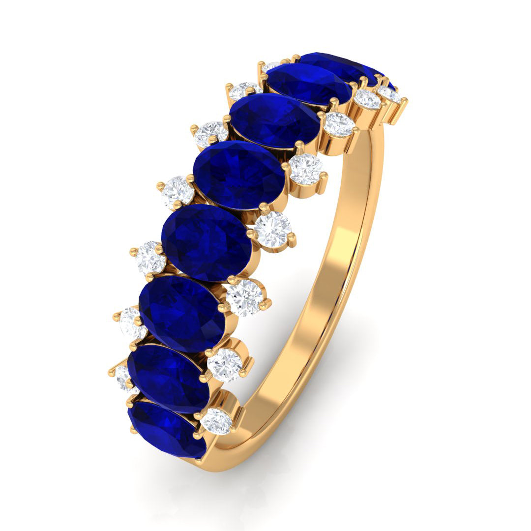 Natural Oval Blue Sapphire Half Eternity Band with Diamond