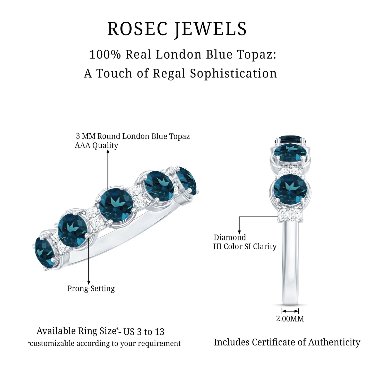Round London Blue Topaz and Diamond Half Eternity Band