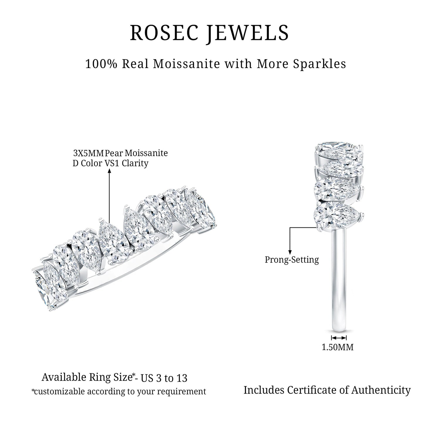 Pear Cut Moissanite Half Eternity Ring for Women