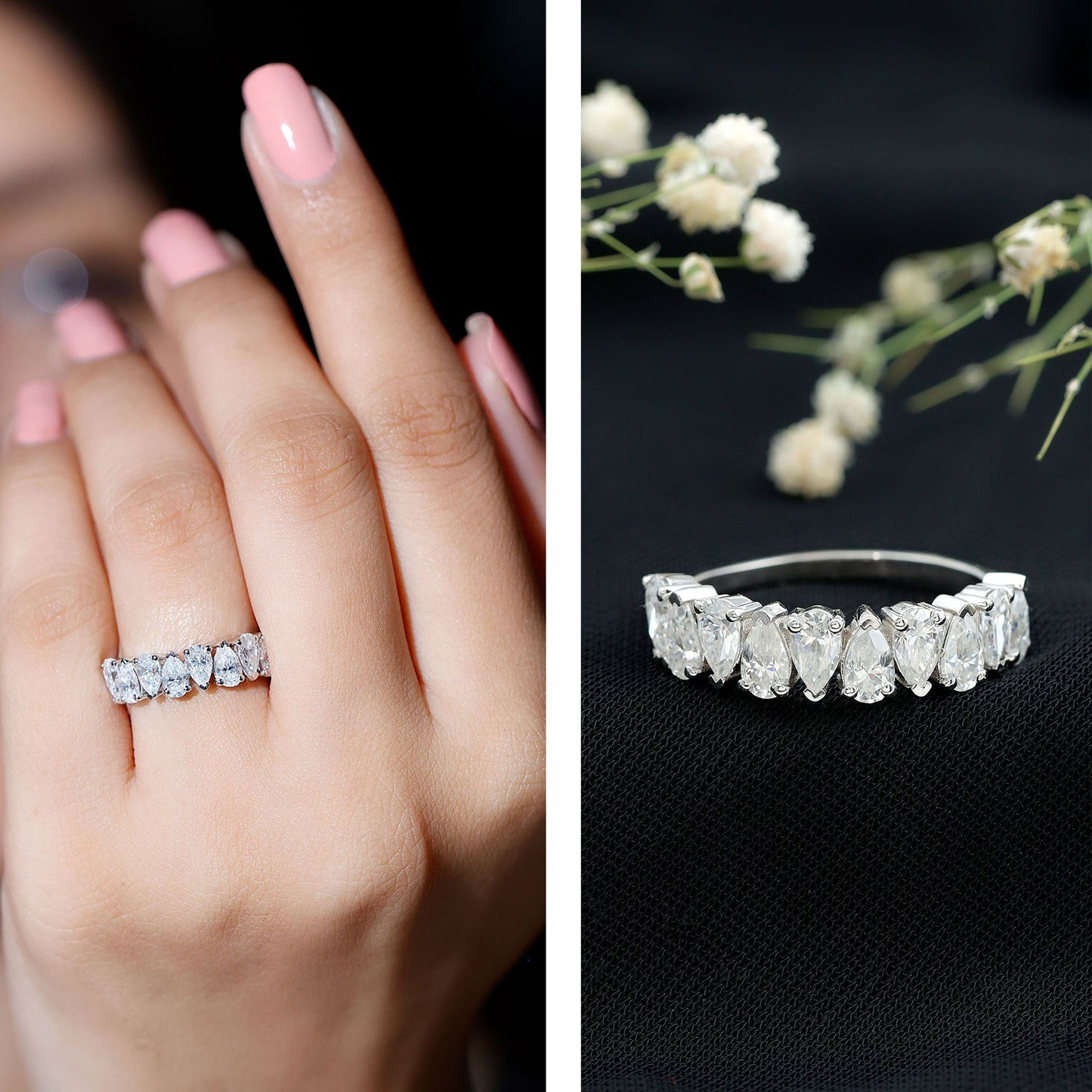 Pear Cut Moissanite Half Eternity Ring for Women