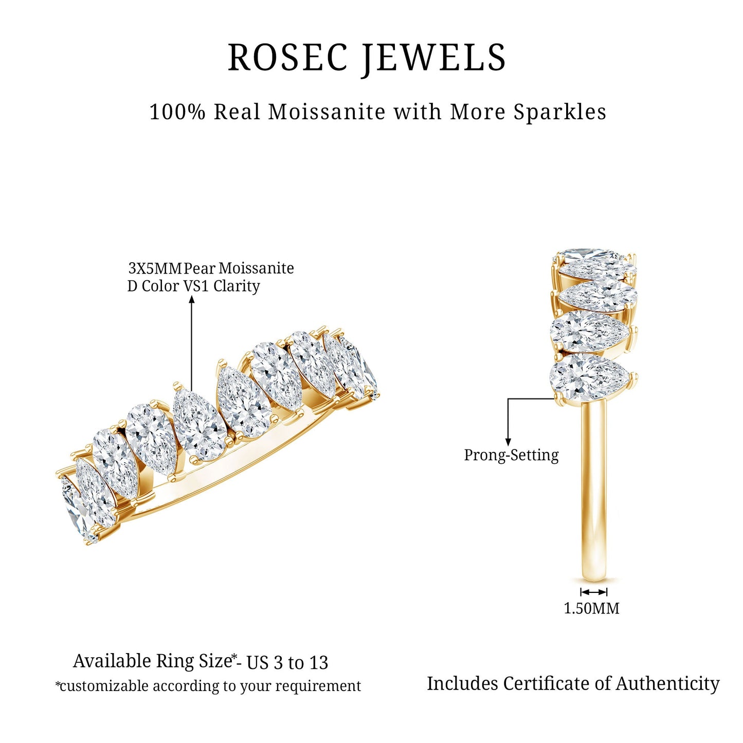 Pear Cut Moissanite Half Eternity Ring for Women