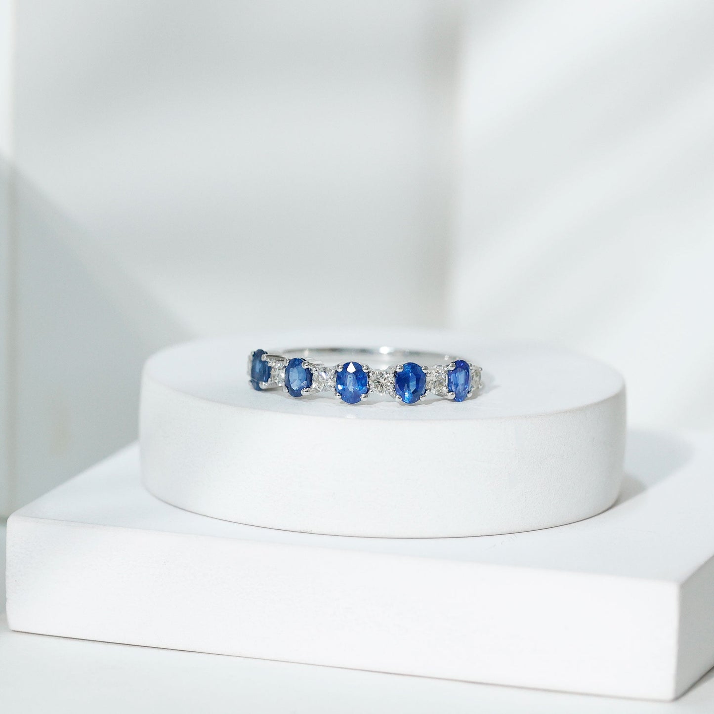 Natural Oval Blue Sapphire Diamond Half Eternity Ring for Women
