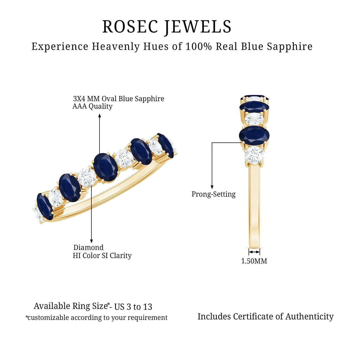 Natural Oval Blue Sapphire Diamond Half Eternity Ring for Women