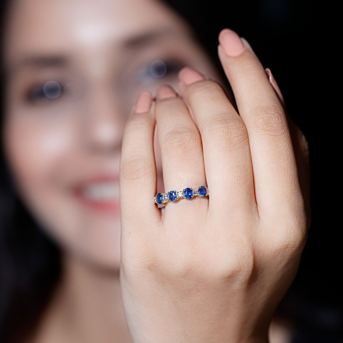 Natural Oval Blue Sapphire Diamond Half Eternity Ring for Women