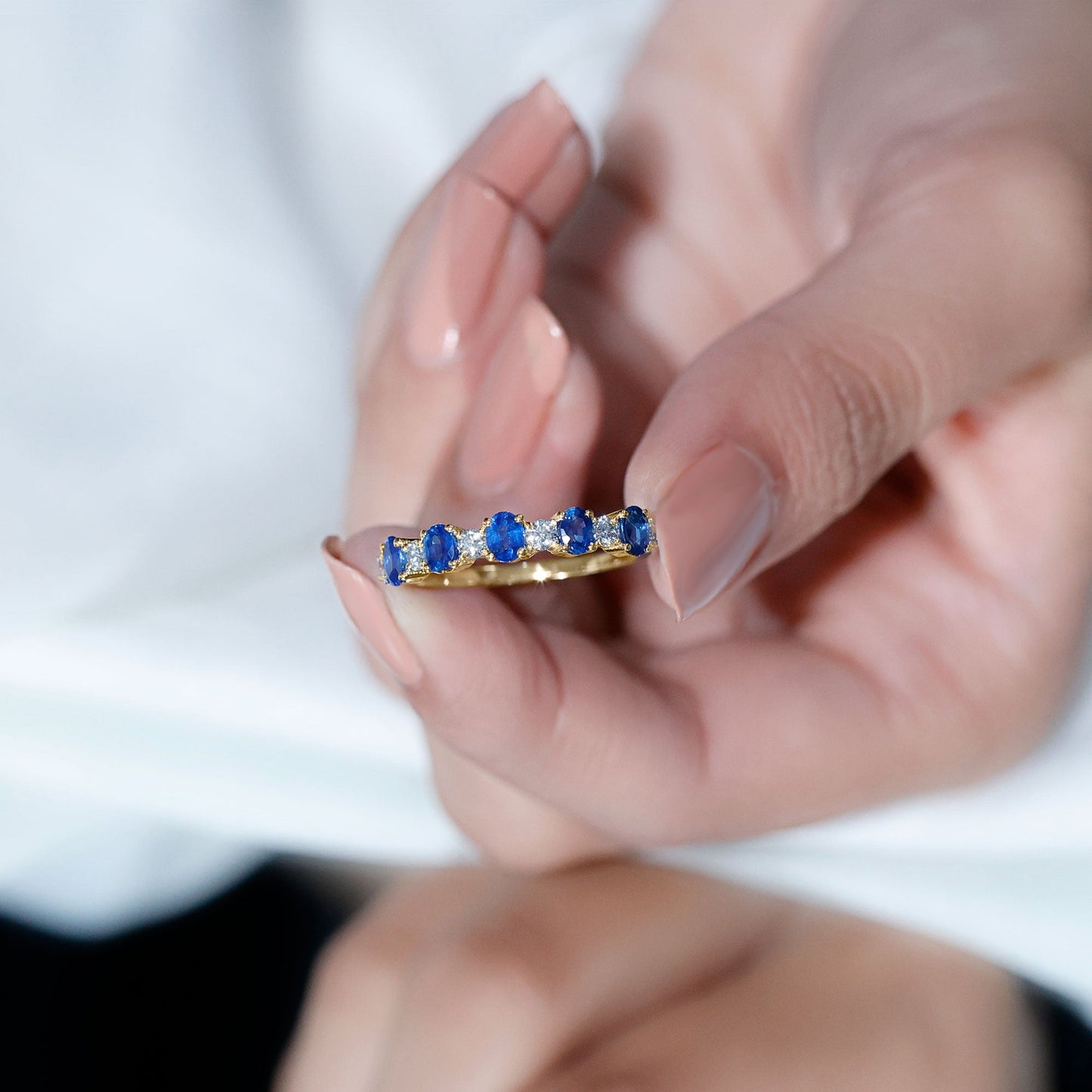 Natural Oval Blue Sapphire Diamond Half Eternity Ring for Women