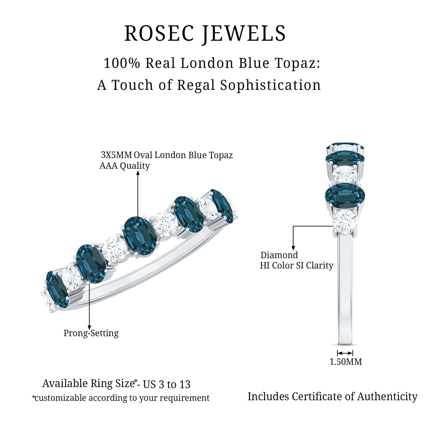 Oval London Blue Topaz Half Eternity Band Ring with Diamond